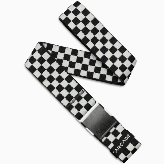 Black and white checkered belt with a metal buckle on a white background