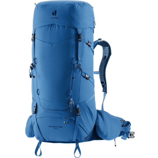 Blue hiking backpack on a white background