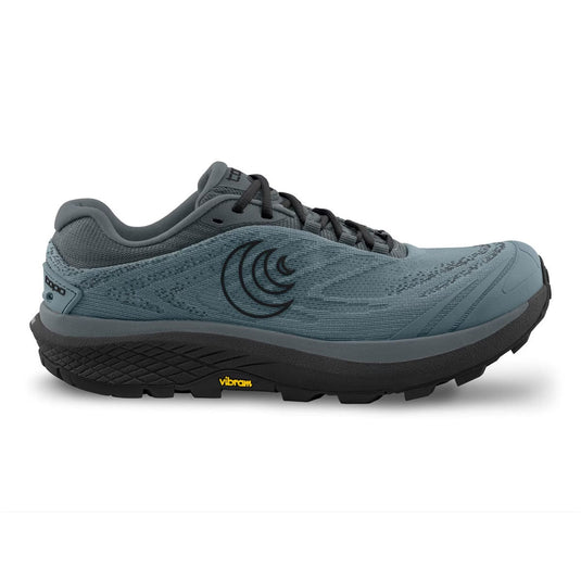Blue running shoe with black sole on a white background