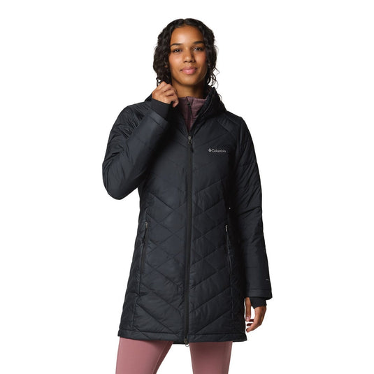 Woman wearing a black Columbia jacket on a white background