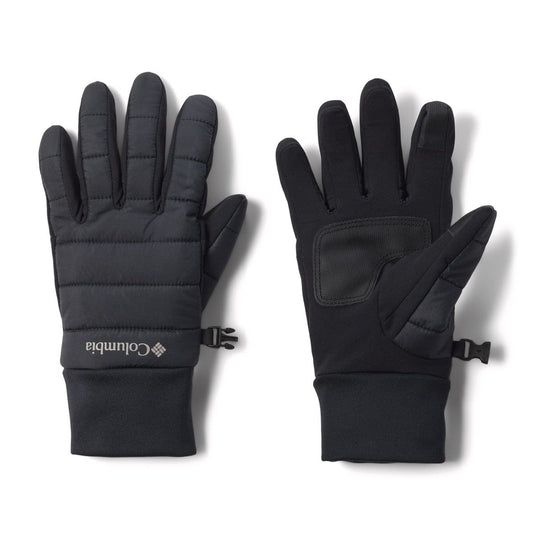 Pair of black gloves with Columbia logo on a white background