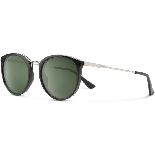 Round sunglasses with black frame and green lenses on a white background