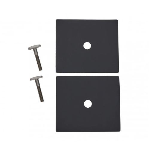 Two black square plates with holes and two silver bolts on a white background