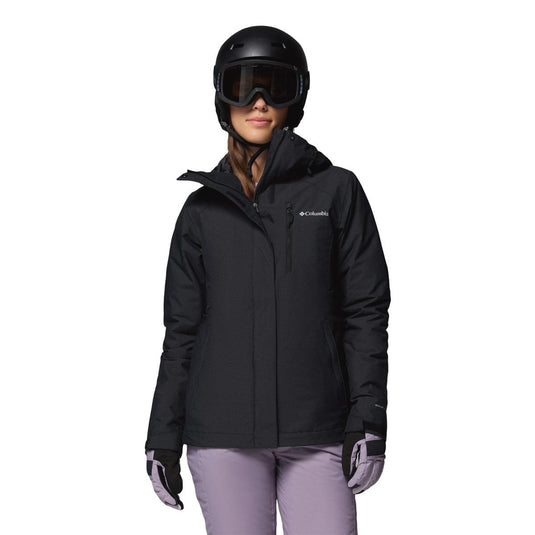 Person wearing a black Columbia jacket and helmet on a white background
