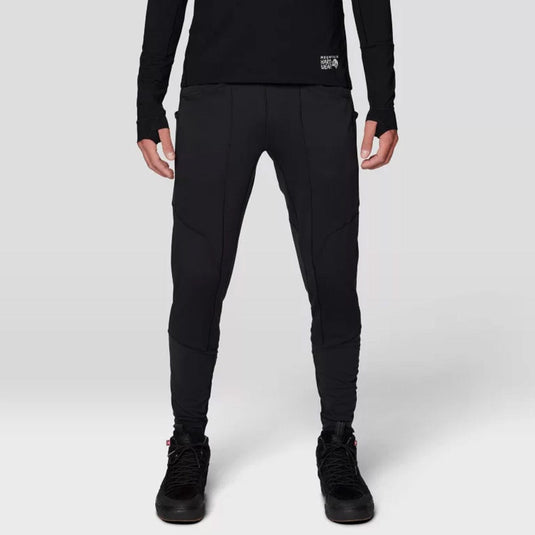 Person wearing black athletic pants and black shoes on a white background
