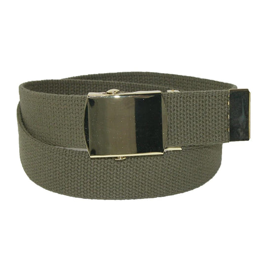 Green belt with a silver buckle on a white background
