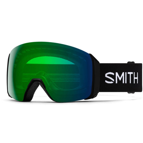 Green ski goggles with black strap featuring 'Smith' logo on a white background