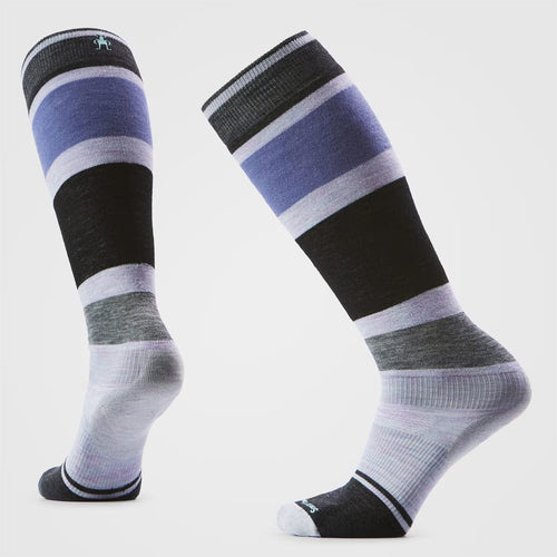Pair of striped socks with black, blue, and gray pattern on a light gray background