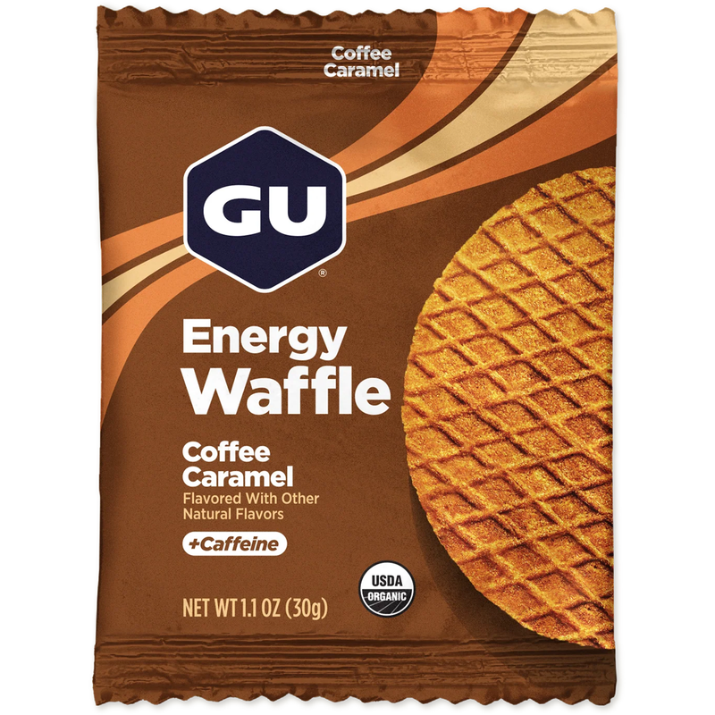 Load image into Gallery viewer, A single GU Energy Waffle Coffee Caramel snack packet on a plain white background. The brown package features the GU logo, product name, flavor text, and a large photo of a waffle on the right side.
