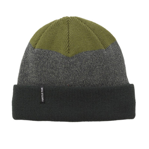 Three-tone beanie with green, gray, and black sections on a white background