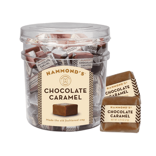 Jar of Hammond's Chocolate Caramel candies with a label on a white background