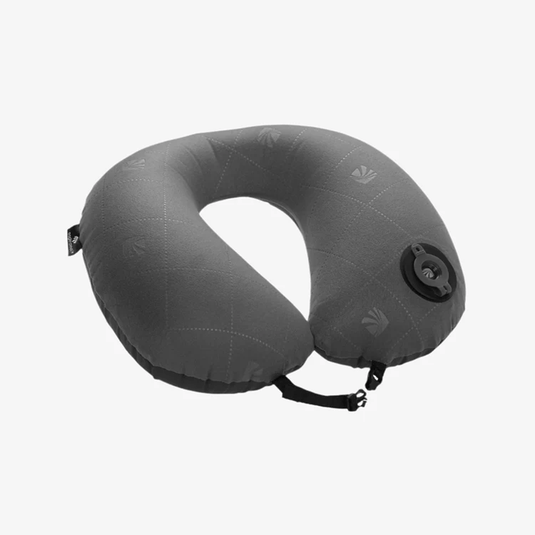 Gray inflatable travel neck pillow on a white background