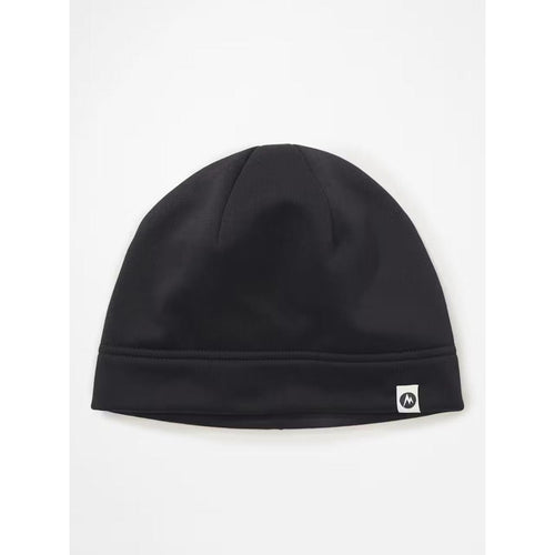 Black beanie with a logo on a white background