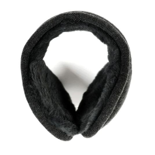 Black knitted ear warmers on a white background