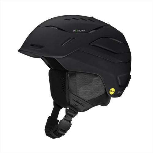 Black helmet with visible branding on a white background