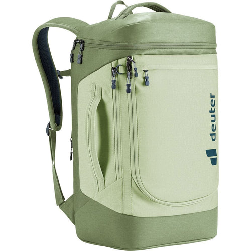Green backpack with visible Deuter logo on a white background