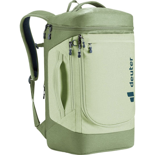 Green backpack with visible Deuter logo on a white background
