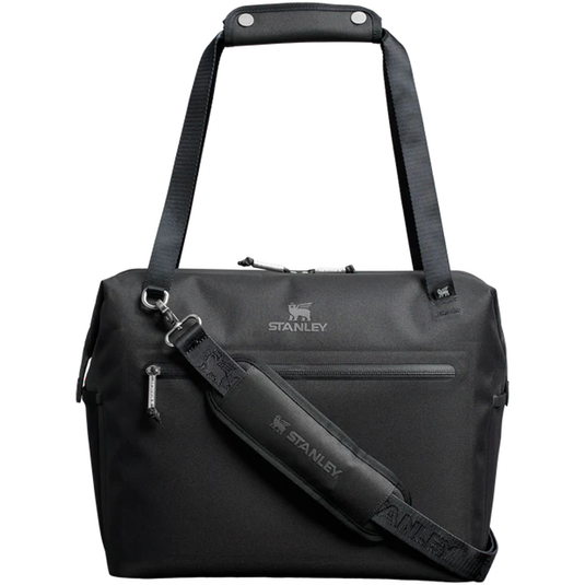 Black shoulder bag with Stanley logo on a white background