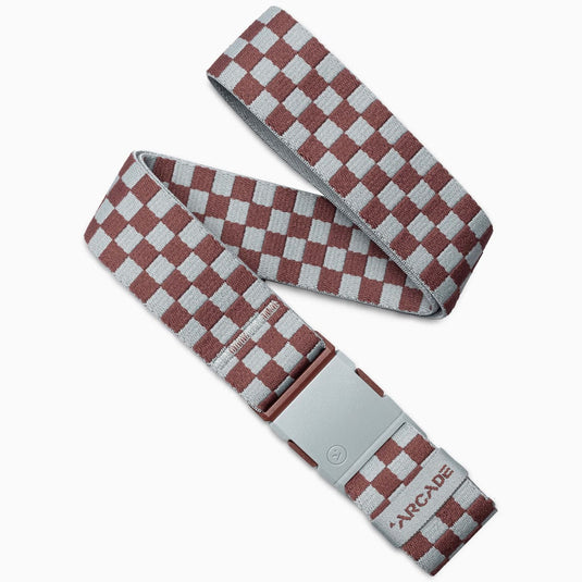 Checkered belt with a visible brand logo on a white background