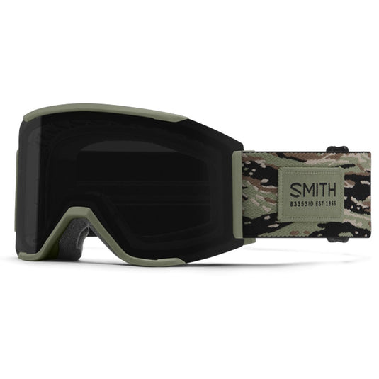 Black goggles with a camouflage strap on a white background, featuring the Smith logo.