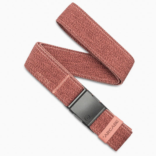 Pink woven belt with a black buckle on a white background