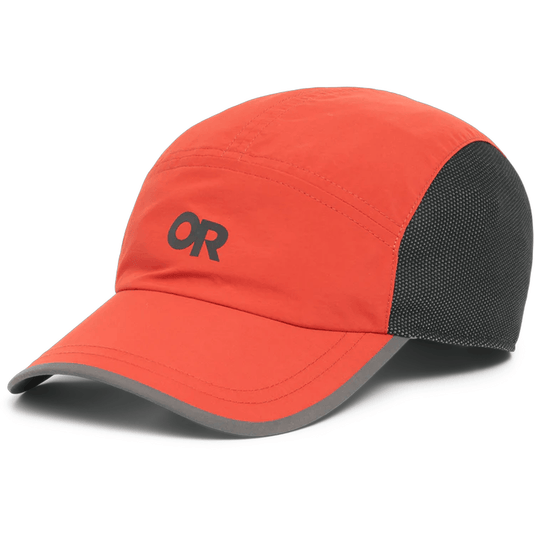 Orange cap with black mesh and logo on a white background