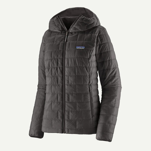 Dark gray quilted jacket with a brand logo on a light gray background
