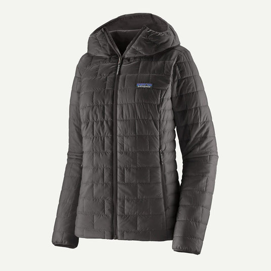 Dark gray quilted jacket with a brand logo on a light gray background