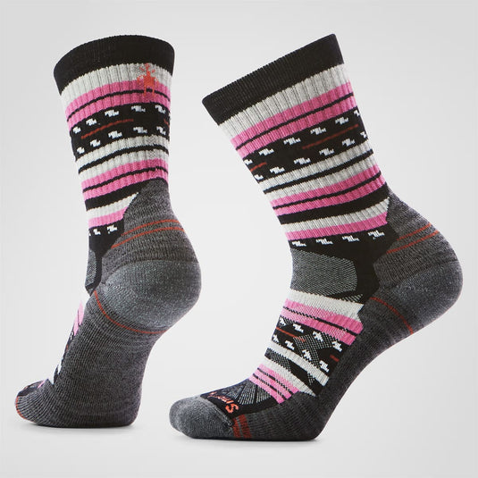 Pair of socks with black, pink, and gray striped pattern on a white background