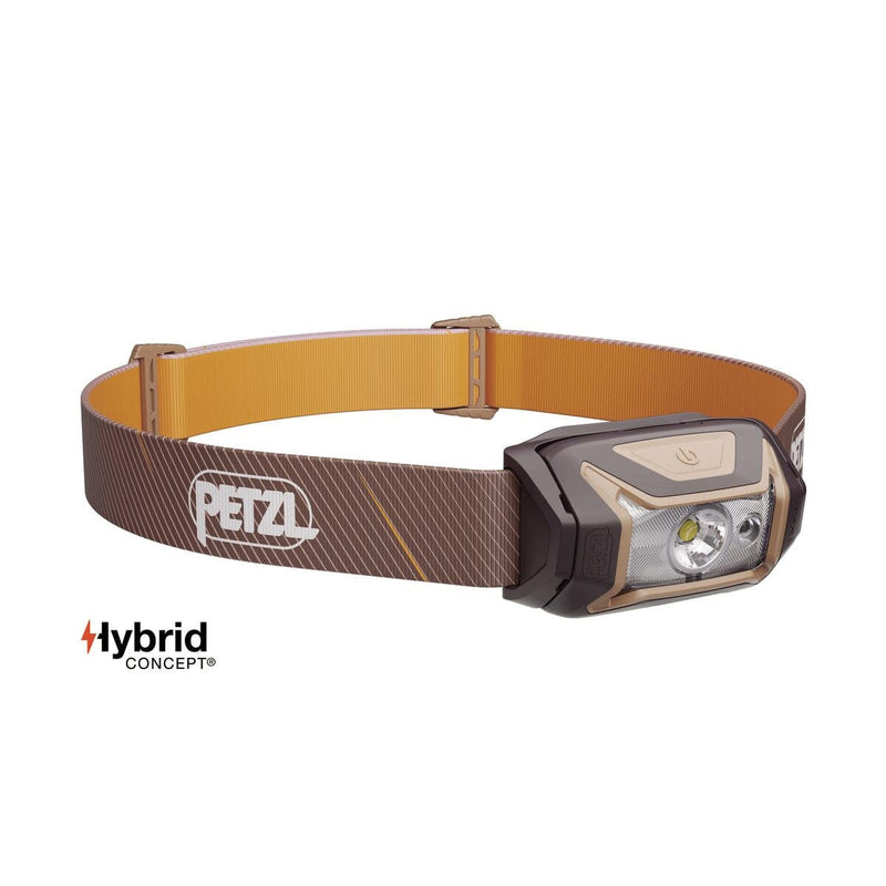 Load image into Gallery viewer, Headlamp with brown strap and Petzl logo on a white background
