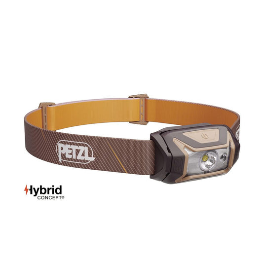 Headlamp with brown strap and Petzl logo on a white background