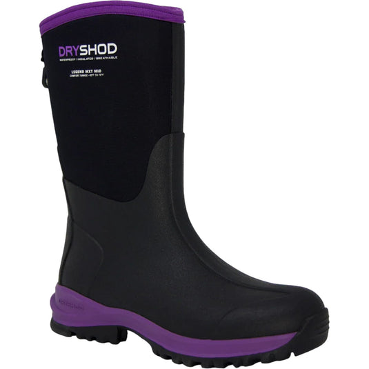 Black rubber boot with purple accents on a white background
