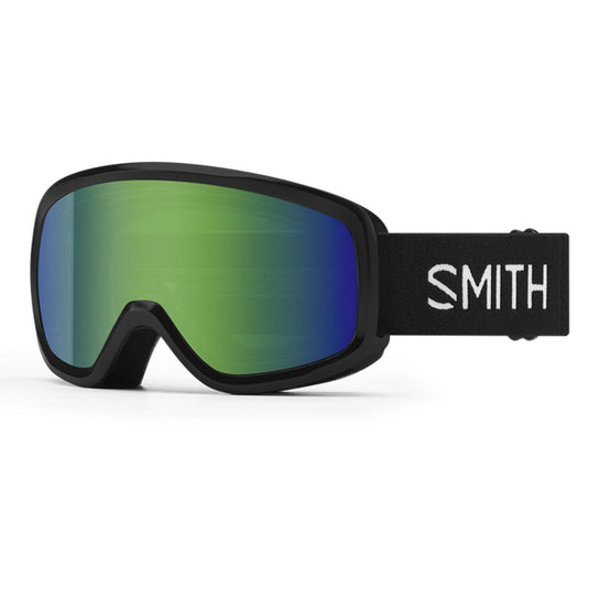 Black goggles with green lenses on a white background, featuring the Smith logo.