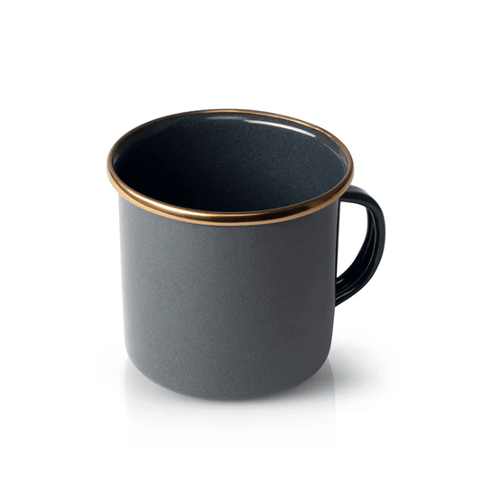 Dark gray mug with gold rim on a white background