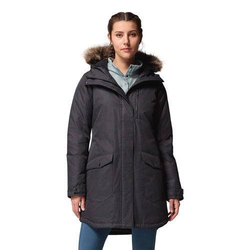 Woman wearing a dark gray parka with fur hood on a white background