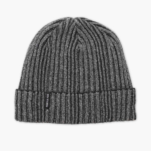 Gray knit beanie with a brand logo on a white background