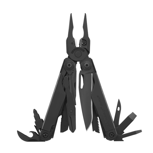 Black multi-tool with various components on a white background
