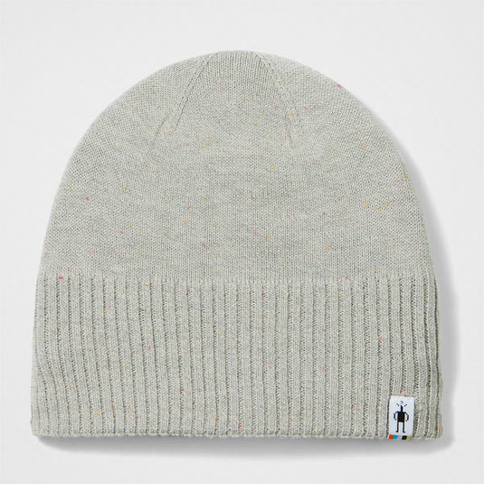 Gray knit beanie with a brand label on a light gray background
