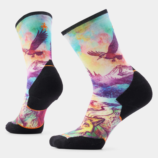 Colorful socks with nature-themed design on a white background