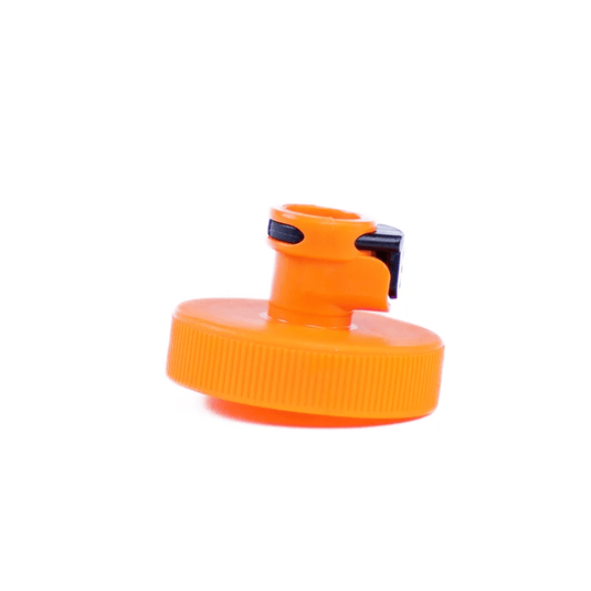 An orange plastic water bottle cap with a ribbed screw-on base and a small black flip-straw cover, isolated on a white background.