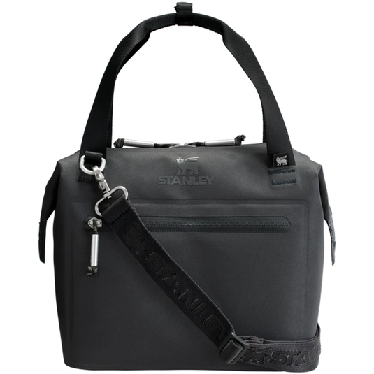 Black backpack with shoulder strap on a white background, featuring the Stanley logo.