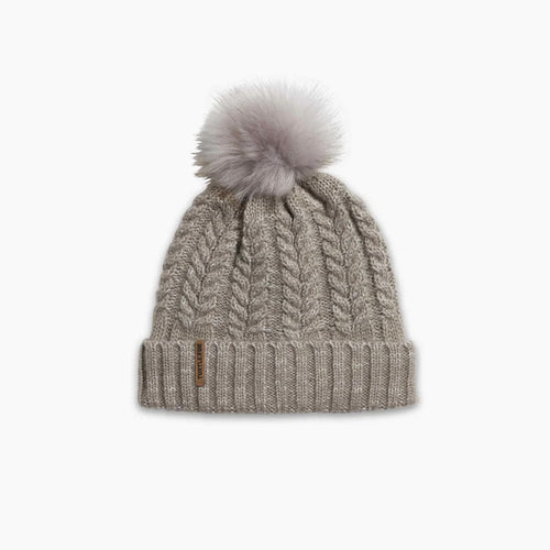Knitted beanie with pom-pom on a white background
