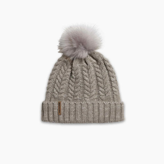 Knitted beanie with pom-pom on a white background
