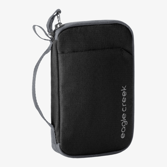 Black travel wallet with 'eagle creek' branding on a white background