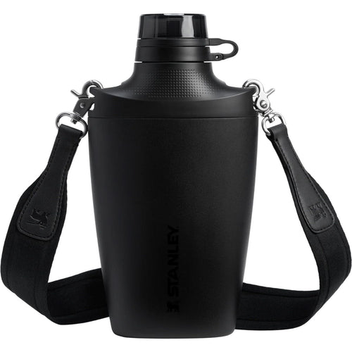 Black water bottle with a shoulder strap on a white background