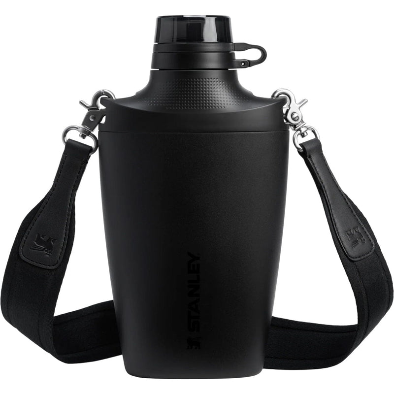 Load image into Gallery viewer, Black water bottle with a shoulder strap on a white background
