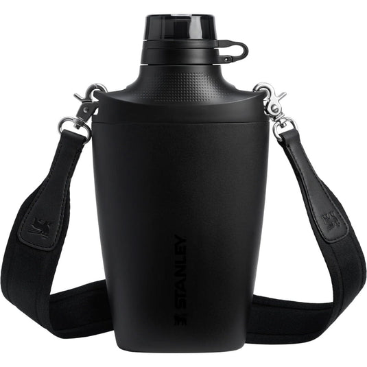 Black water bottle with a shoulder strap on a white background