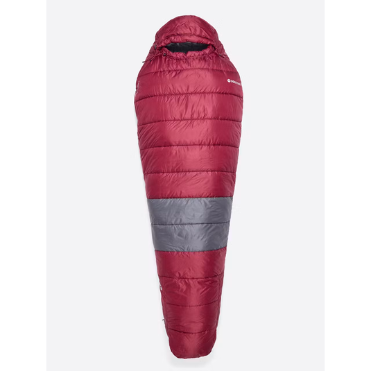 A red mummy-style sleeping bag with a gray horizontal band near the foot, shown on a light gray background.