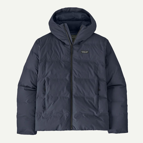 Dark blue jacket with a hood on a light gray background