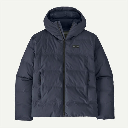 Dark blue jacket with a hood on a light gray background
